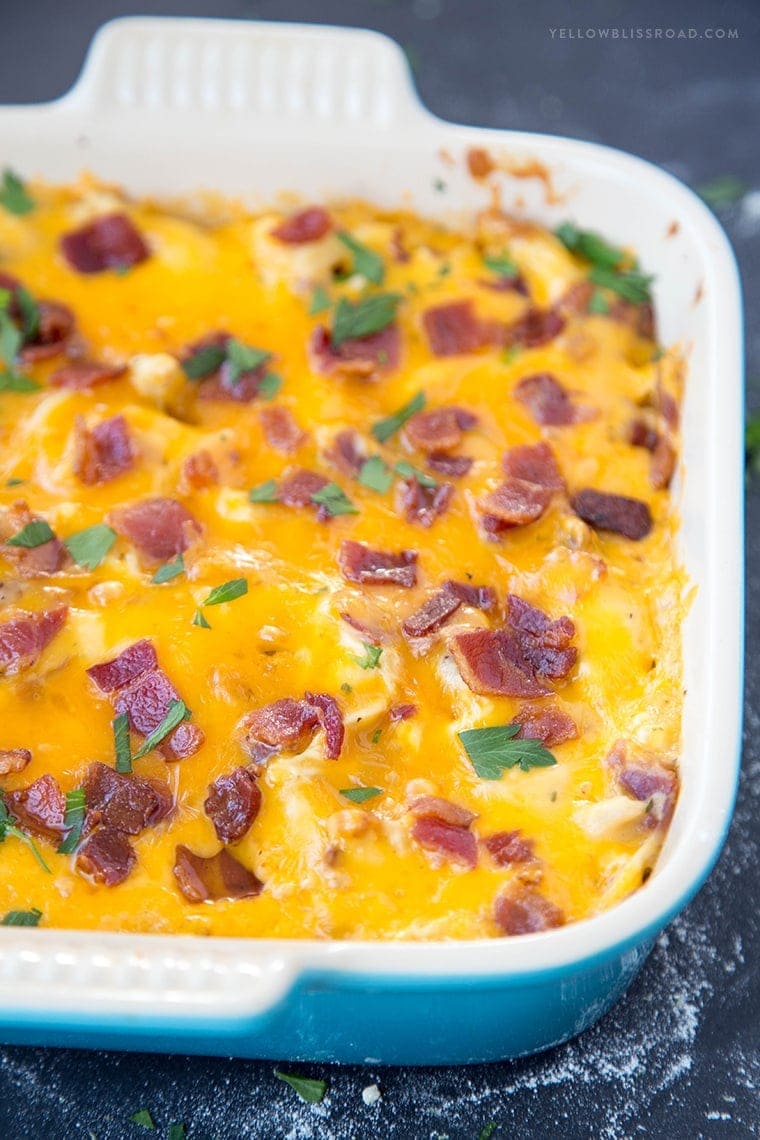 Creamy Chicken, Bacon and Ranch Baked Spaghetti - Cooked noodles, shredded chicken and crispy bacon smothered in a creamy Cheddar Ranch Sauce.