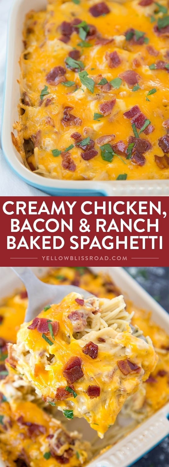 Creamy Chicken, Bacon and Ranch Baked Spaghetti - Cooked noodles, shredded chicken and crispy bacon smothered in a creamy Cheddar Ranch Sauce.
