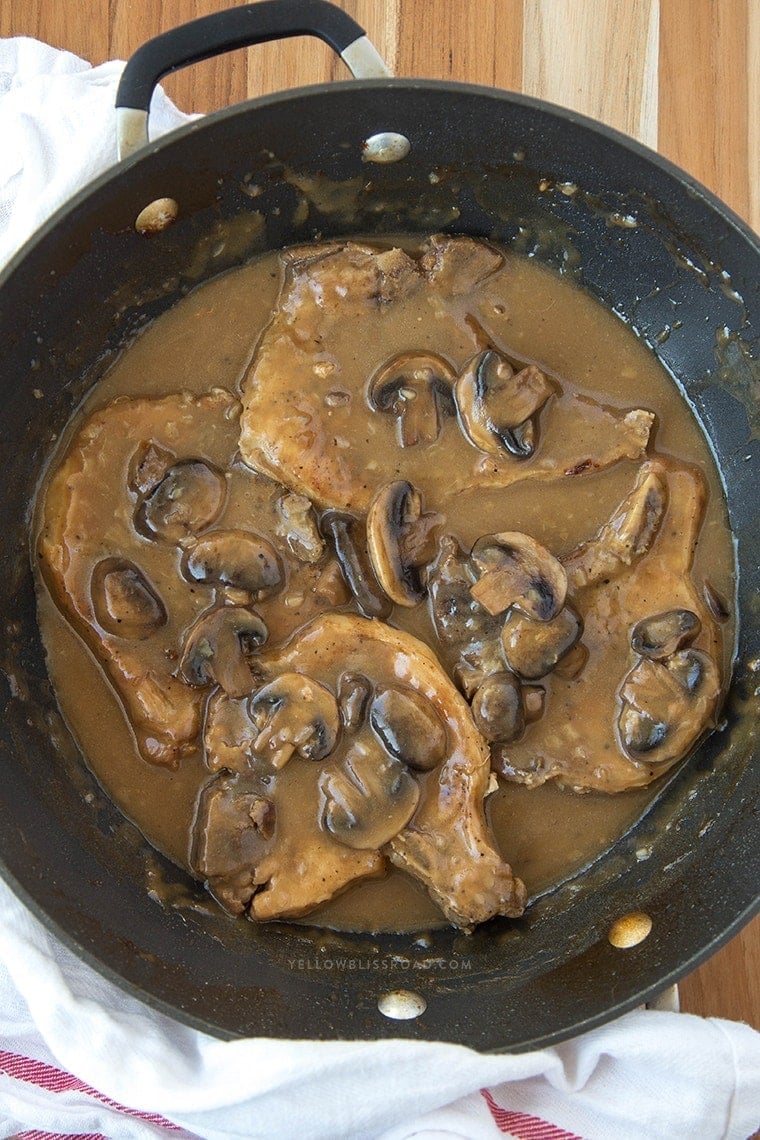 French Onion and Mushroom Pork Chops with Gravy - An easy weeknight dinner with just 4 ingredients.