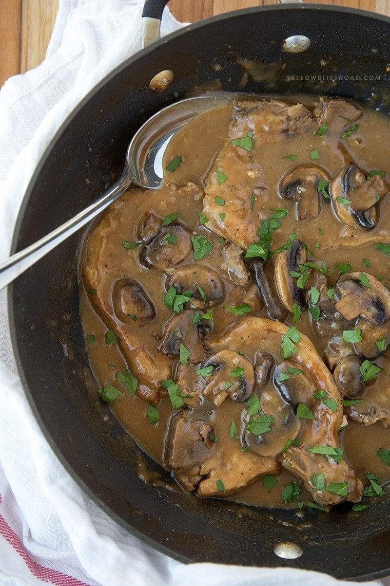 French Onion and Mushroom Pork Chops with Gravy - An easy weeknight dinner with just 4 ingredients.