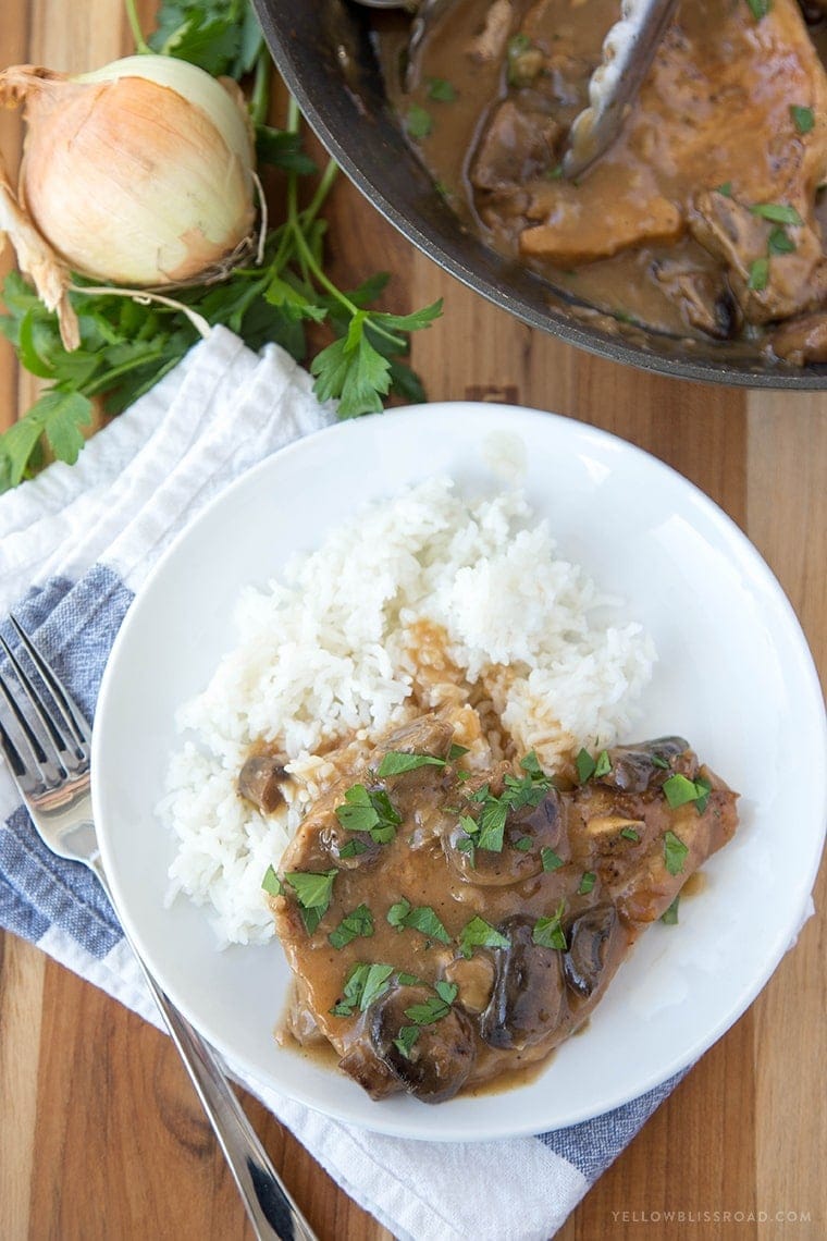 French Onion and Mushroom Pork Chops with Gravy - An easy weeknight dinner with just 4 ingredients.