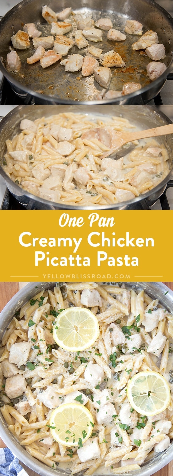 One Pan Creamy Lemon Chicken Picatta Pasta - Tender chicken and pasta are coated with a luscious lemony cream sauce with capers. Easy weeknight dinner that's classy enough for company.