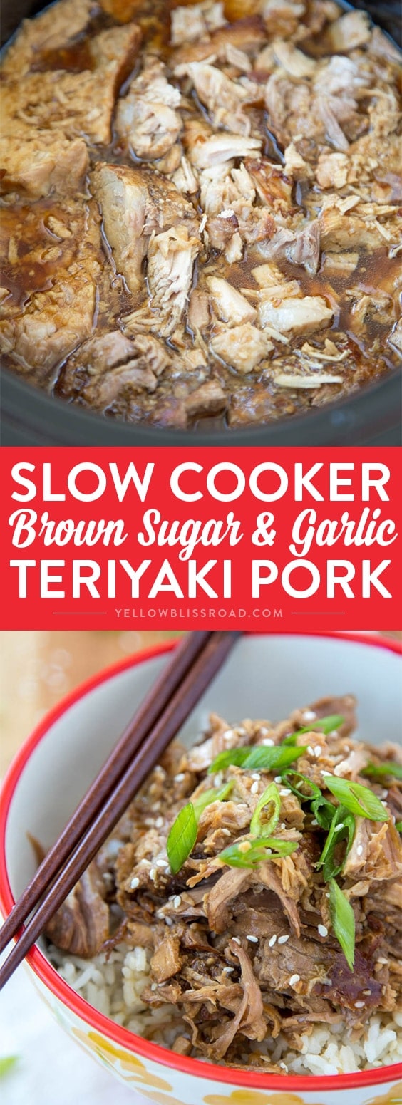 Slow Cooker Brown Sugar & Garlic Teriyaki Pork - Just a few ingredients make this crock pot meal a sure winner for your busy weeknight dinner. Just add rice and veggies for a complete meal!