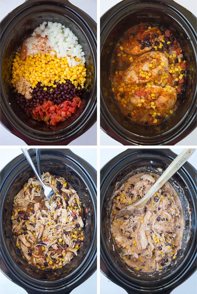 A collage of images of chicken, beans, corn and tomatoes in a slow cooker