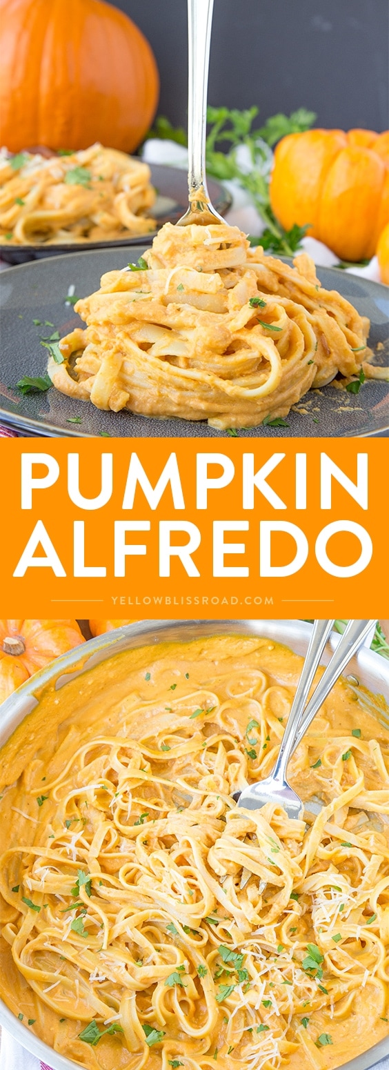 Creamy Pumpkin Alfredo - A perfect dinner that's easy enough for a weeknight meal and you'll never miss the cream! Pumpkin recipes are a must for fall!