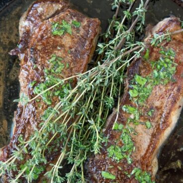 Two steaks on a pan