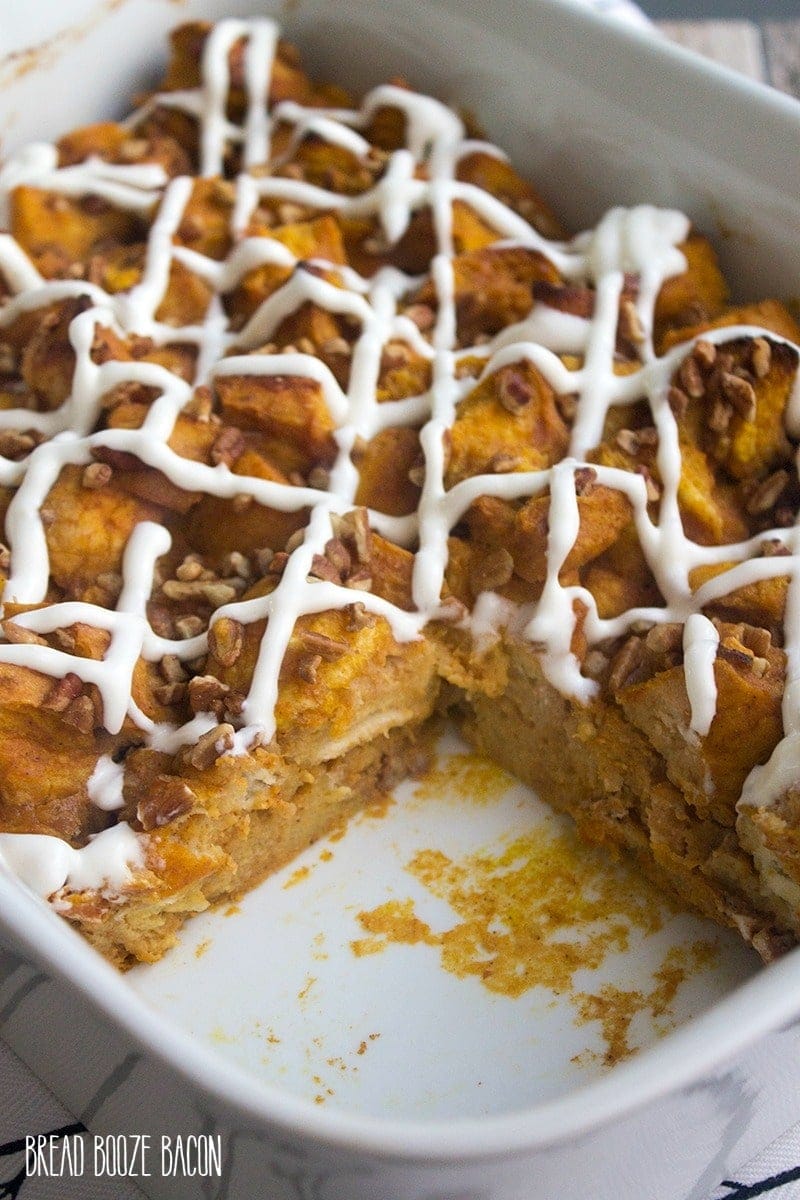 Pumpkin Bread Pudding - Nothing says fall like a big piece of Pumpkin Bread Pudding drizzled with cream cheese glaze for dessert!