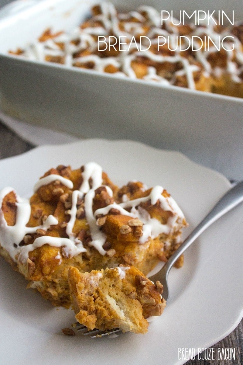 Pumpkin Bread Pudding - Nothing says fall like a big piece of Pumpkin Bread Pudding drizzled with cream cheese glaze for dessert!