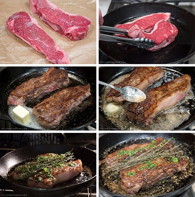 Collage of images showing how to cook a steak
