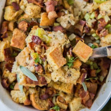 A bowl of stuffing with bacon