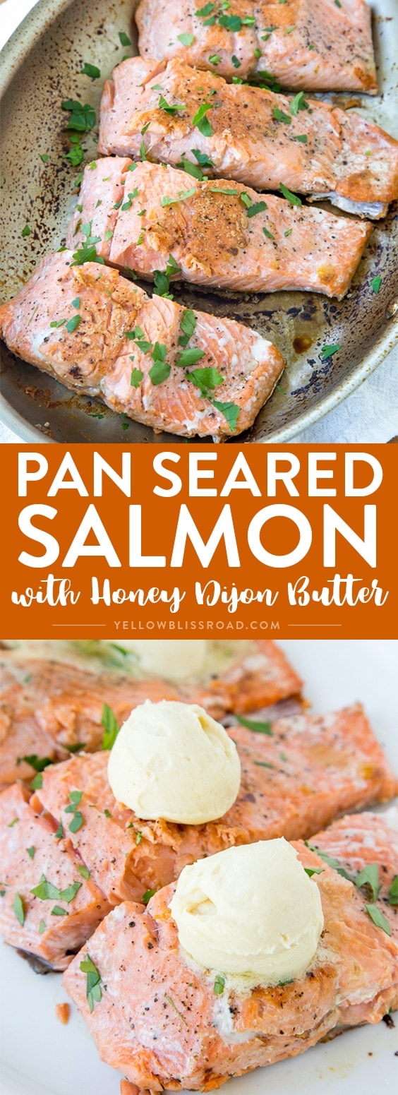 Pan Seared Salmon with Honey Dijon Butter - Simple, easy weeknight dinner recipe