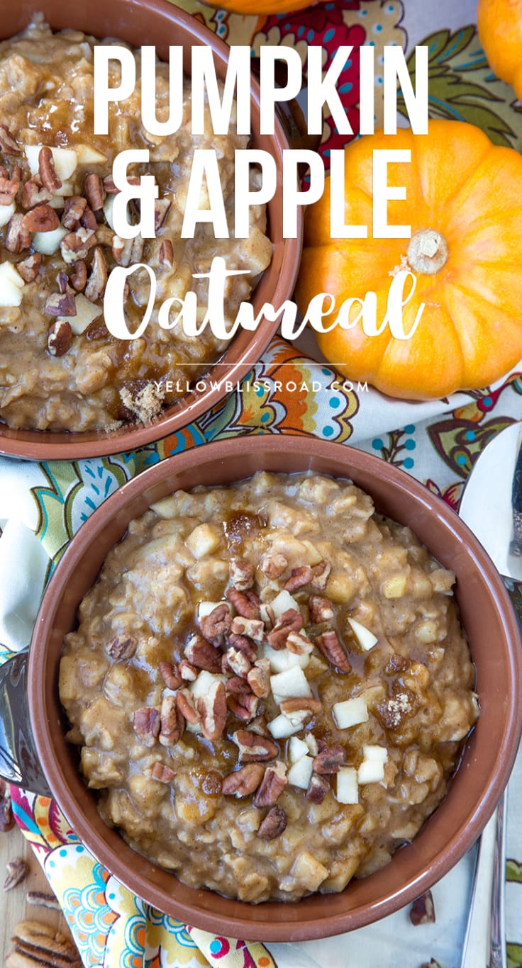 Pumpkin & Apple Oatmeal with pecans, brown sugar and pumpkin pie spice - the perfect fall breakfast for those cold and cozy mornings.