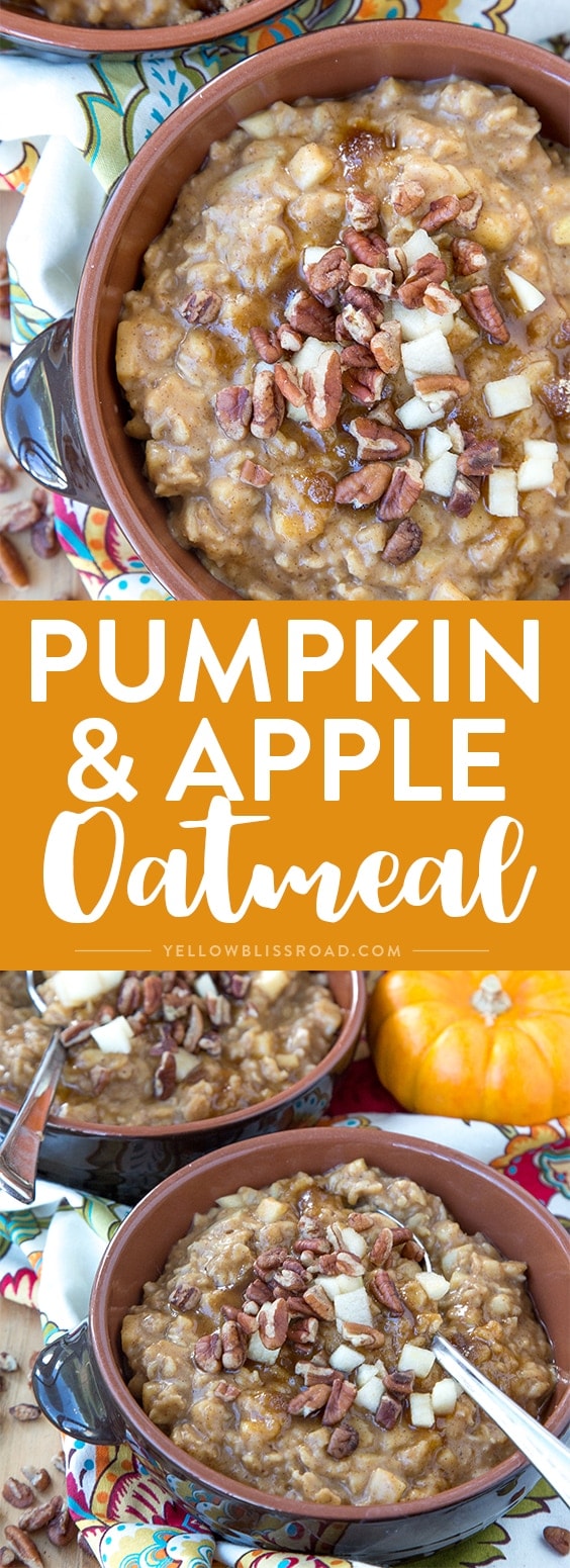 Pumpkin & Apple Oatmeal with pecans, brown sugar and pumpkin pie spice - the perfect fall breakfast for those cold and cozy mornings.