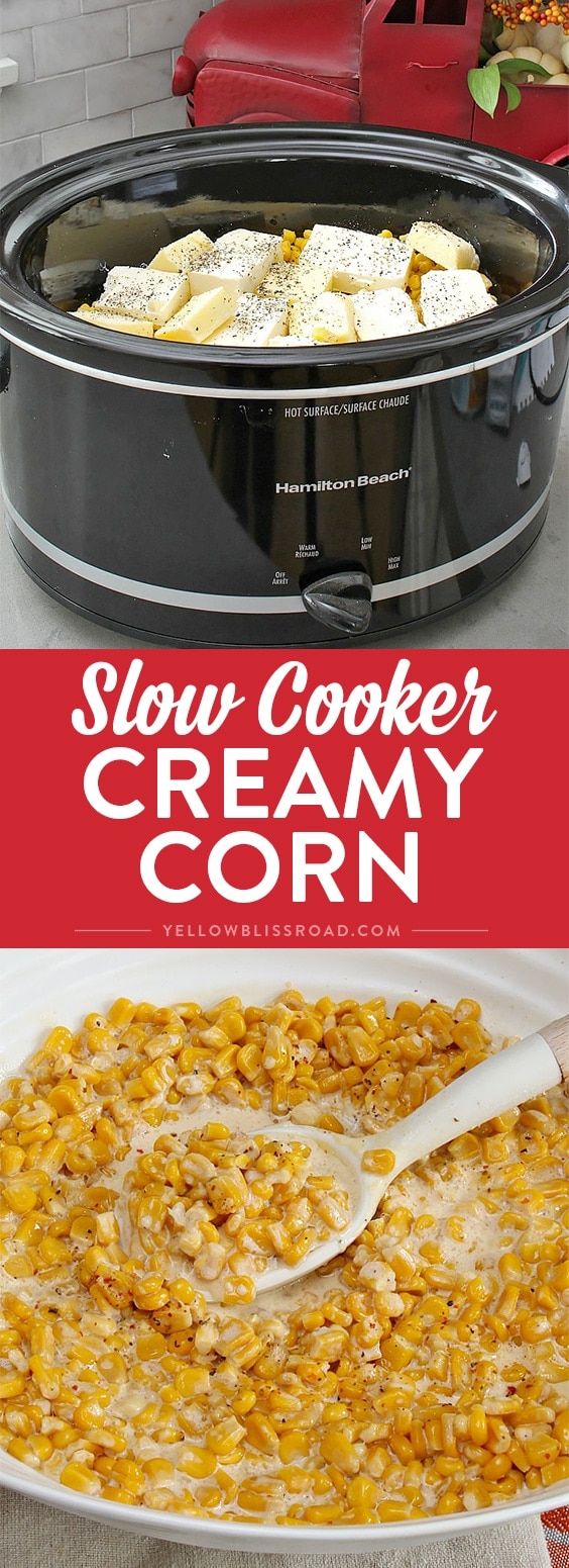 Slow Cooker Creamy Corn - Sweet corn in a creamy sauce, made easily in your slow cooker and perfect for Thanksgiving!