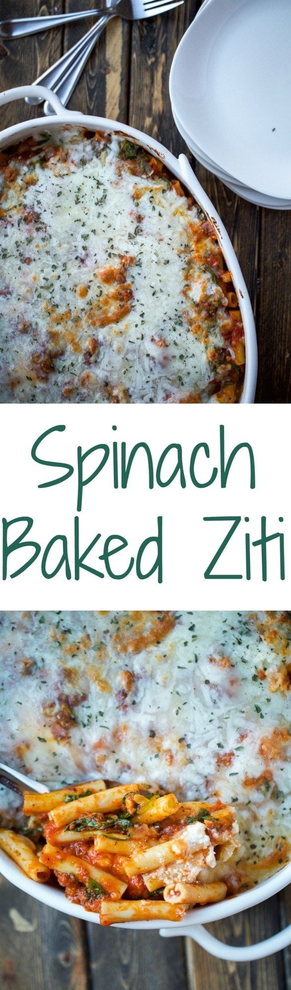 A classic comfort food that is baked with spinach, ziti noodles, pasta sauce, and so many cheeses. It's easy to make and perfect for a crowd.