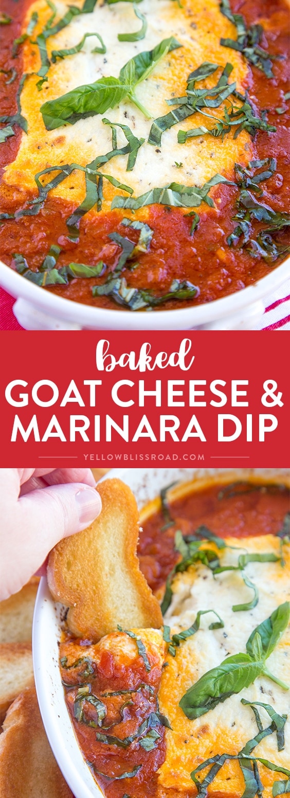 Baked Goat Cheese & Marinara Dip with Crostini - A festive holiday appetizer!