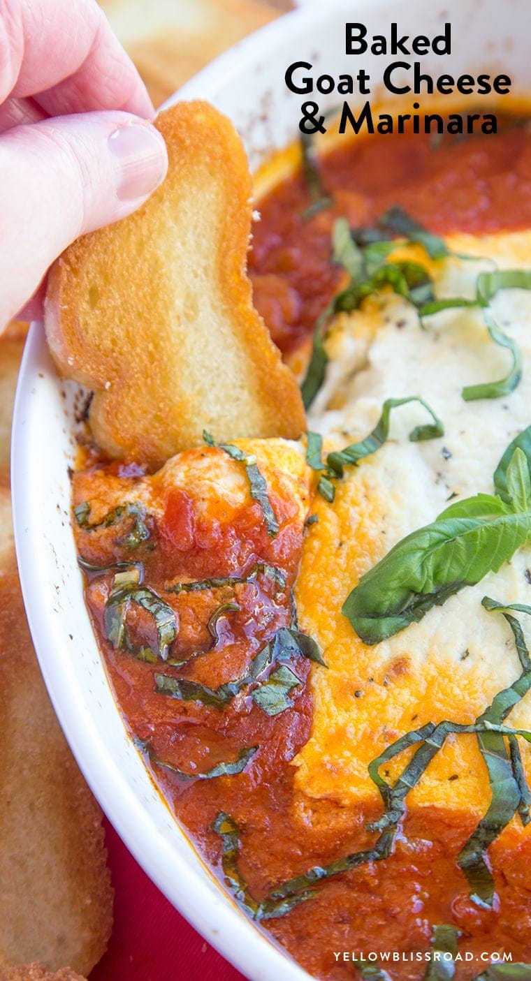 Baked Goat Cheese & Marinara Dip with Crostini - A festive holiday appetizer!