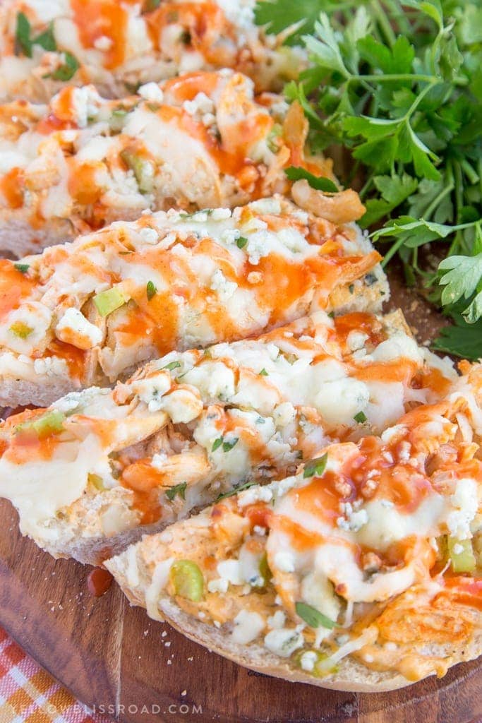 A close up of Buffalo Chicken French Bread Pizza