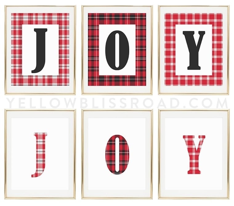 Free Printable "JOY" signs in Christmas plaids | Christmas Printables | Christmas decor | Christmas crafts.