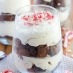 A close up of a peppermint brownie parfait