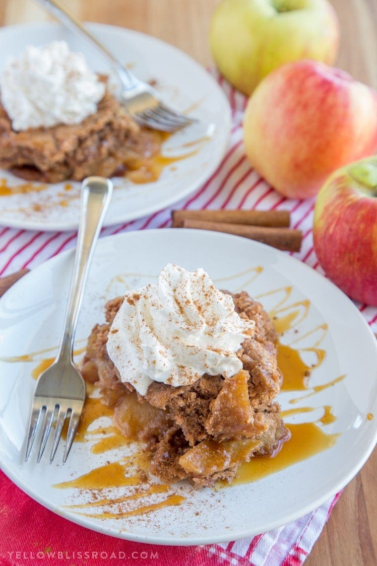 This Slow Cooker Caramel Apple Spice Cake is just the right dessert for your holiday gatherings. It's sweet, with moist spice cake and tender, tart apples.