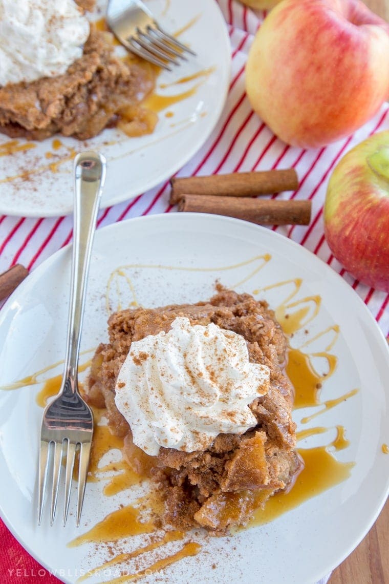 This Slow Cooker Caramel Apple Spice Cake is just the right dessert for your holiday gatherings. It's sweet, with moist spice cake and tender, tart apples.