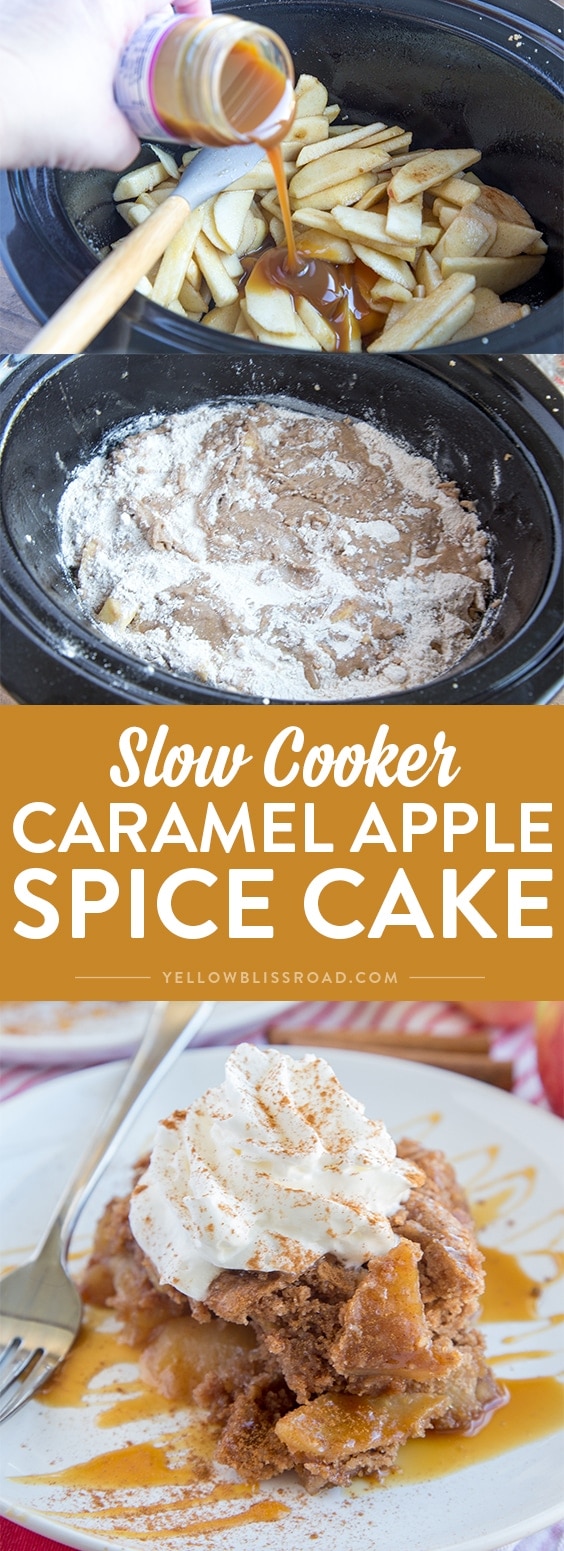 This Slow Cooker Caramel Apple Spice Cake is just the right dessert for your holiday gatherings. It's sweet, with moist spice cake and tender, tart apples.