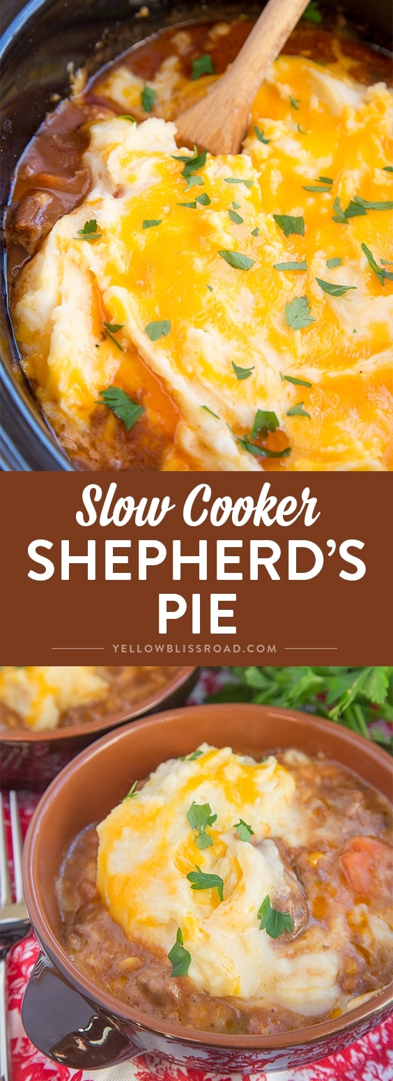 This Slow Cooker Shepherd's Pie, is rich and delicious and full of tender beef and vegetables in a thick gravy topped with creamy, cheesy mashed potatoes. It's the ultimate stick-to-your-ribs comfort food!
