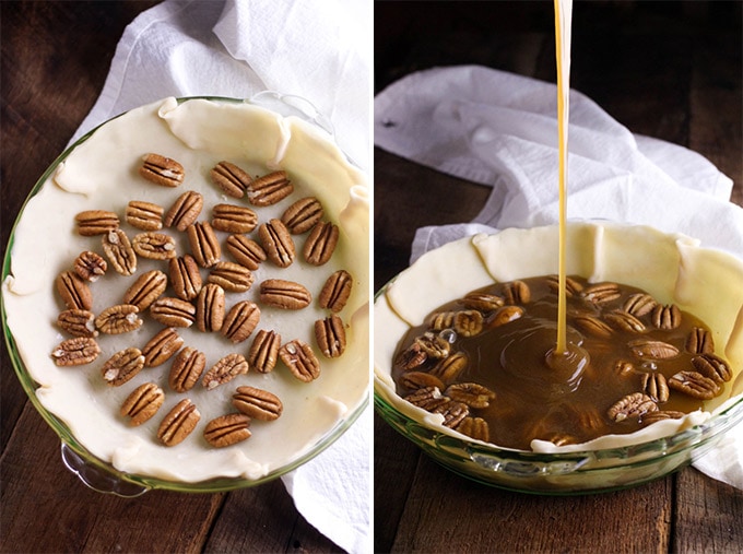 This classic Pecan Pie Recipe is filled with crunchy pecans baked with a sweet filling. This beautiful pie will steal the show on your dessert table. Two photos of pie crust with pecans.