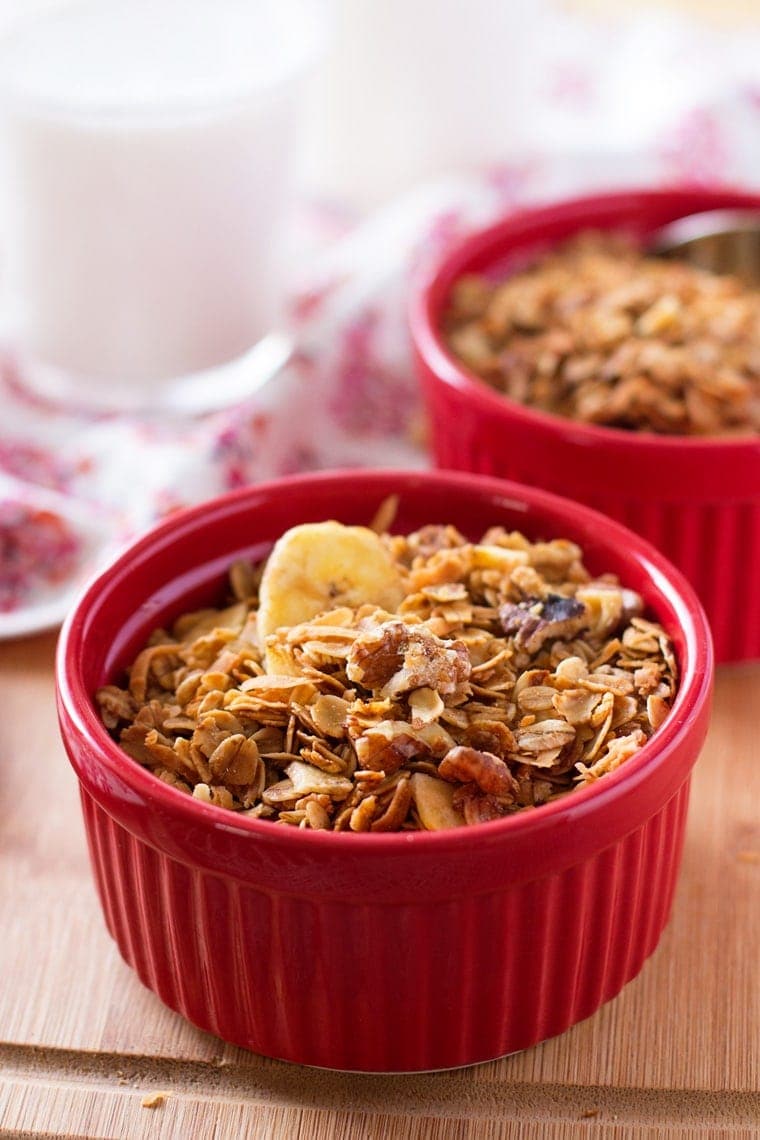 Banana Crunch Granola. Tastes just like banana bread! This healthy breakfast recipe is full of fiber, with half the sugar of regular granola!