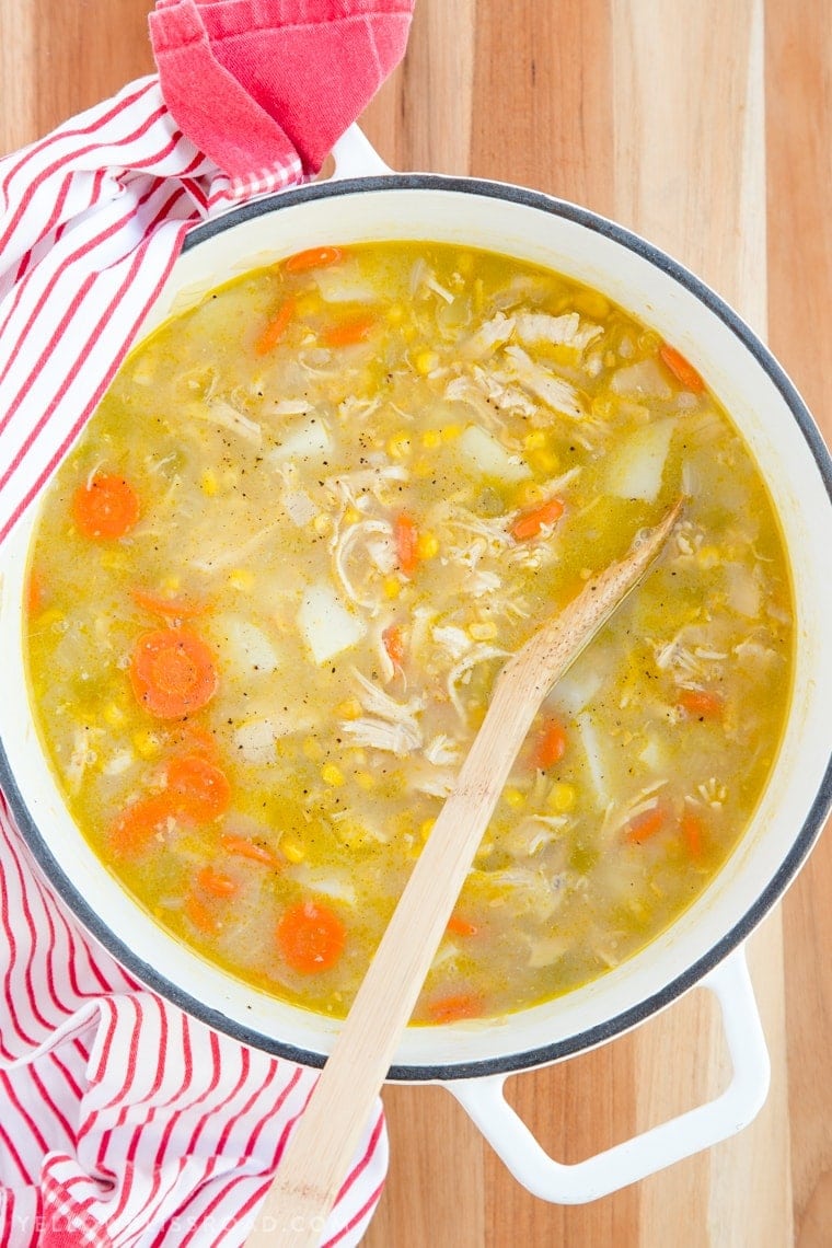 This Chicken & Corn Chowder is a hearty and creamy bowl of soup that comes together super quick in just one big pot making it perfect for busy weeknights.