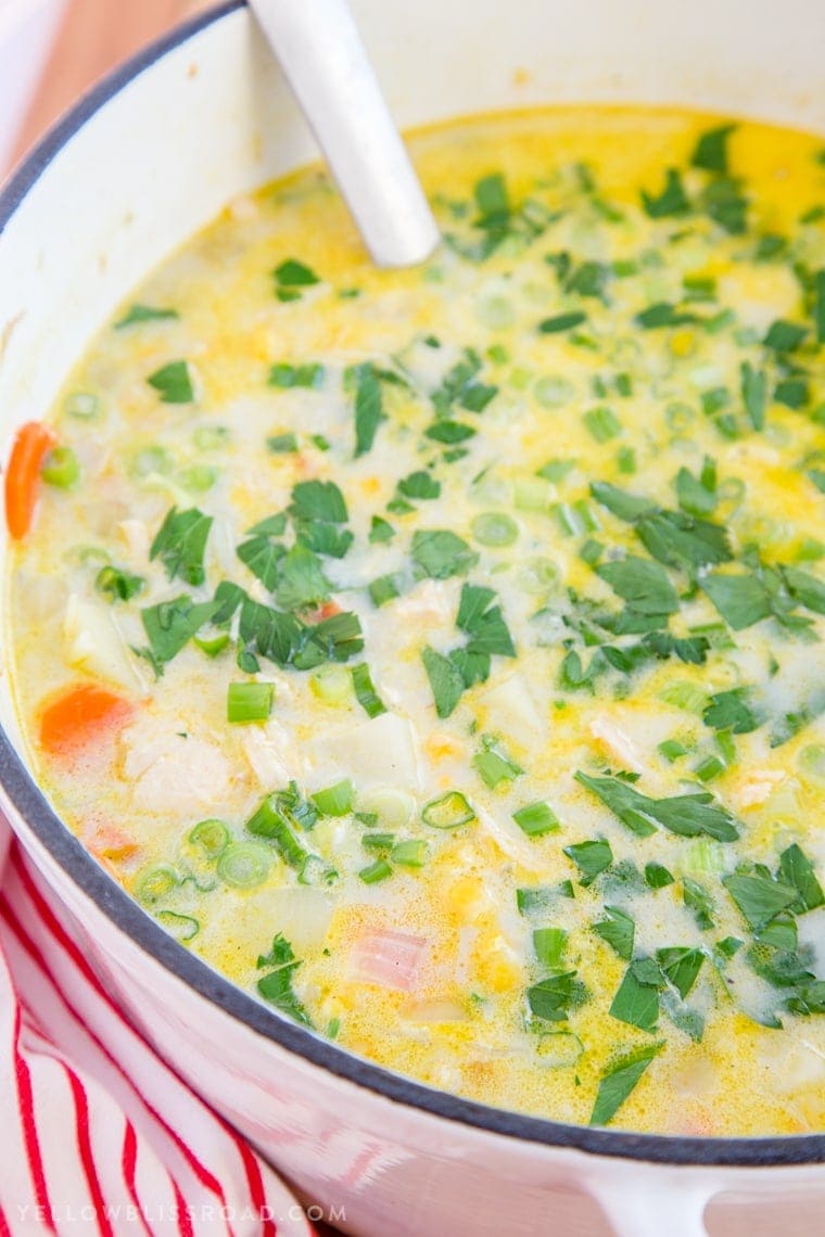 This Chicken & Corn Chowder is a hearty and creamy bowl of soup that comes together super quick in just one big pot making it perfect for busy weeknights.