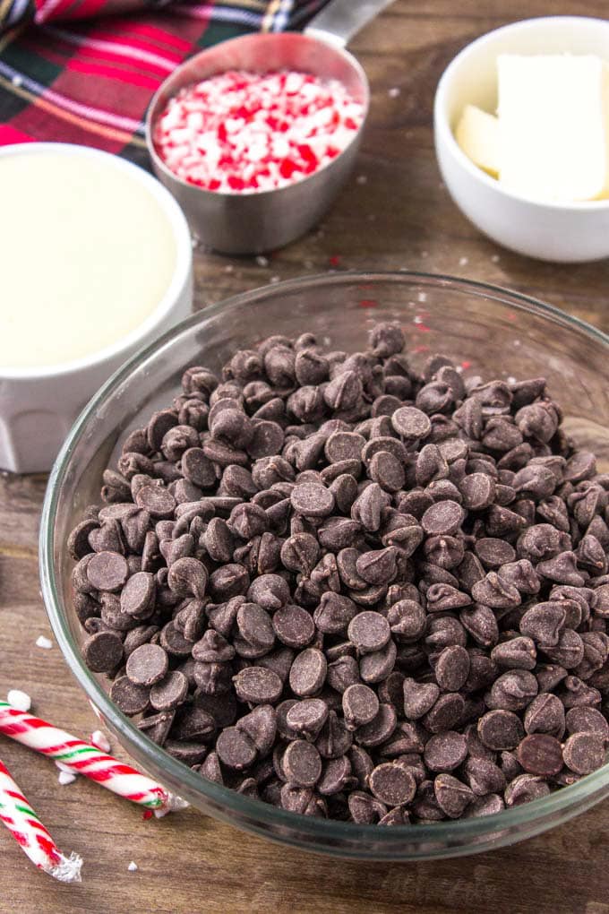 Ingredients needed to make peppermint fudge. Easy Fudge Recipe.