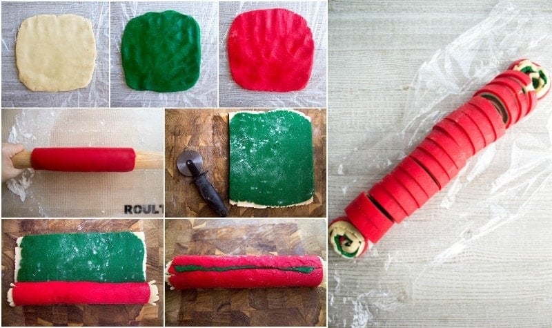 A collage of images depicting the steps for making pinwheel cookies