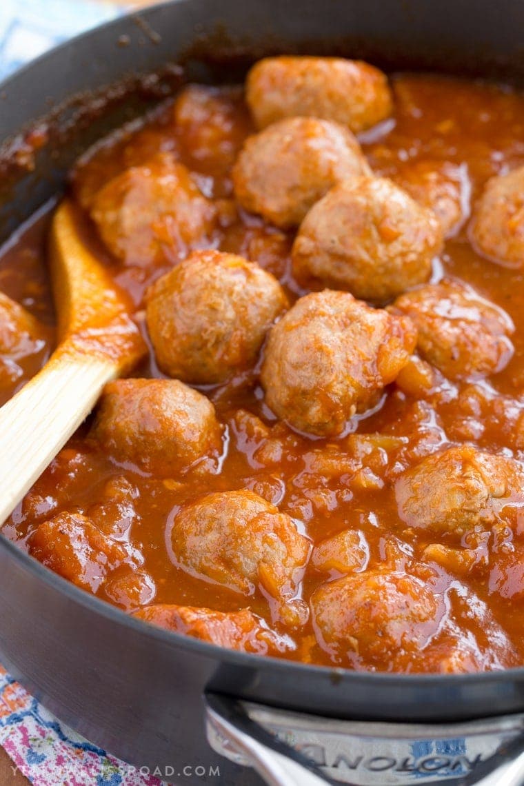 Turkey Meatballs smothered in a homemade Spicy Pineapple Barbecue Sauce. These meatballs are great for as a party appetizer or as a dinner entree!