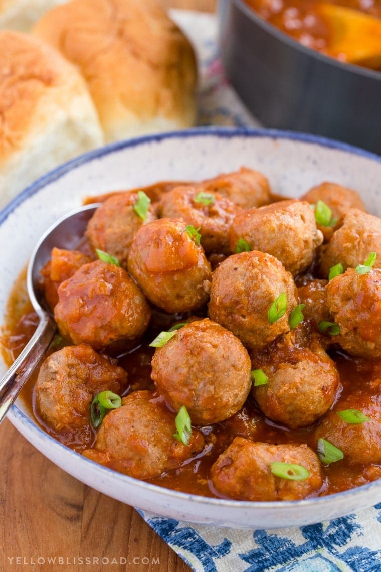 Turkey Meatballs smothered in a homemade Spicy Pineapple Barbecue Sauce. These meatballs are great for as a party appetizer or as a dinner entree!