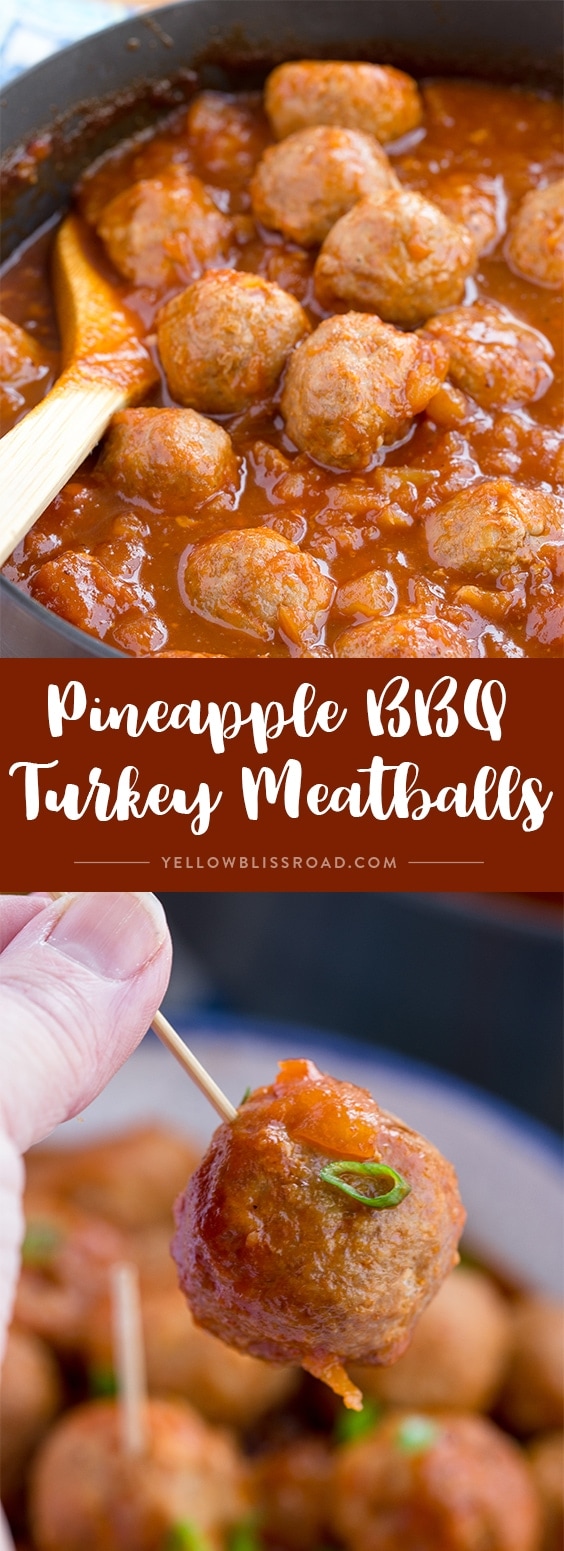 Turkey Meatballs smothered in a homemade Spicy Pineapple Barbecue Sauce. These meatballs are great for as a party appetizer or as a dinner entree!