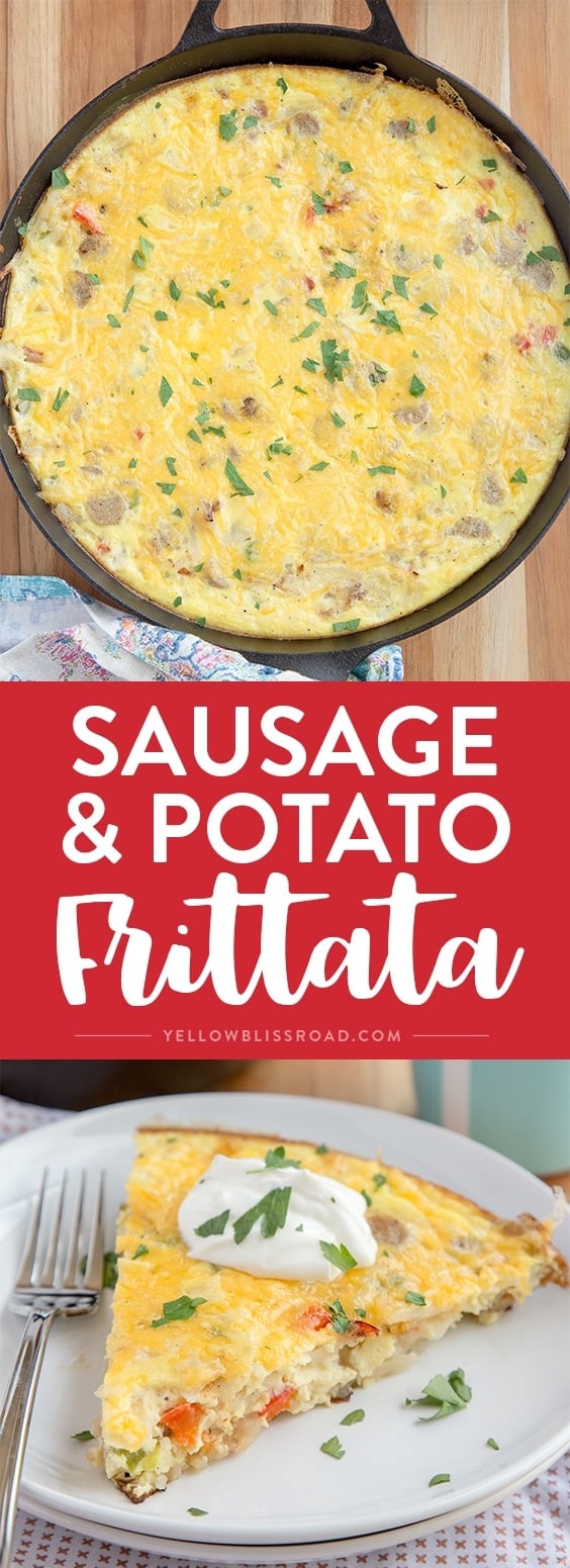 This Sausage & Potato Frittata filled with all the makings of a delicious, hearty breakfast - eggs, veggies, al fresco Country Style Chicken Sausage and Simply Potatoes Shredded Hash Browns - and all in one skillet for a quick and easy breakfast!