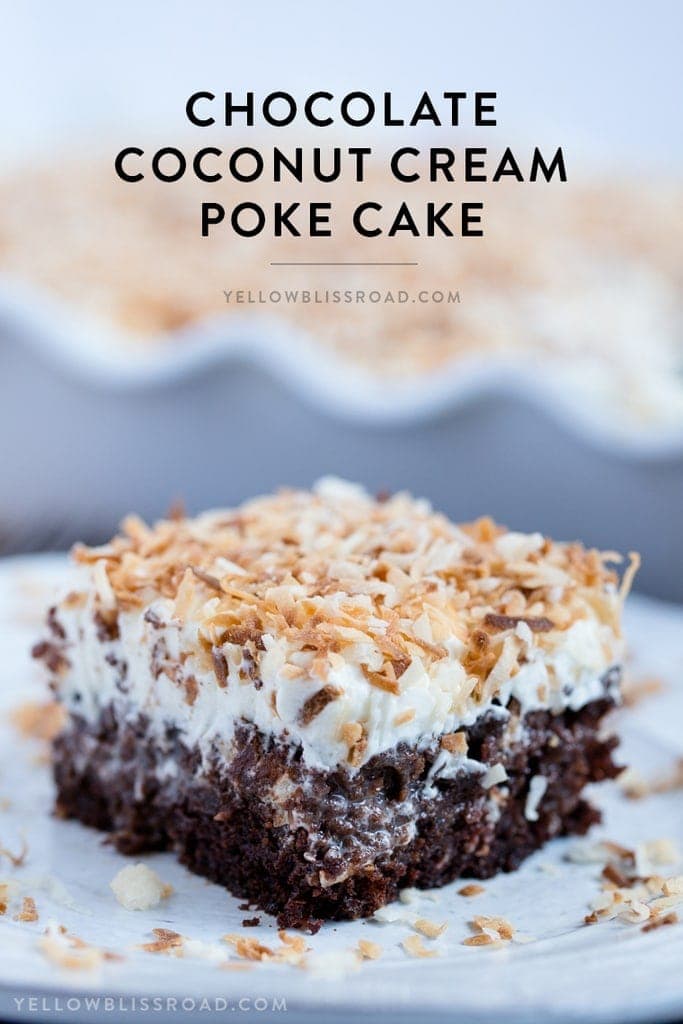 Chocolate Coconut Cream Poke Cake - Rich chocolate cake, coconut cream filling and fluffy, creamy frosting. A rich and decadent dessert!