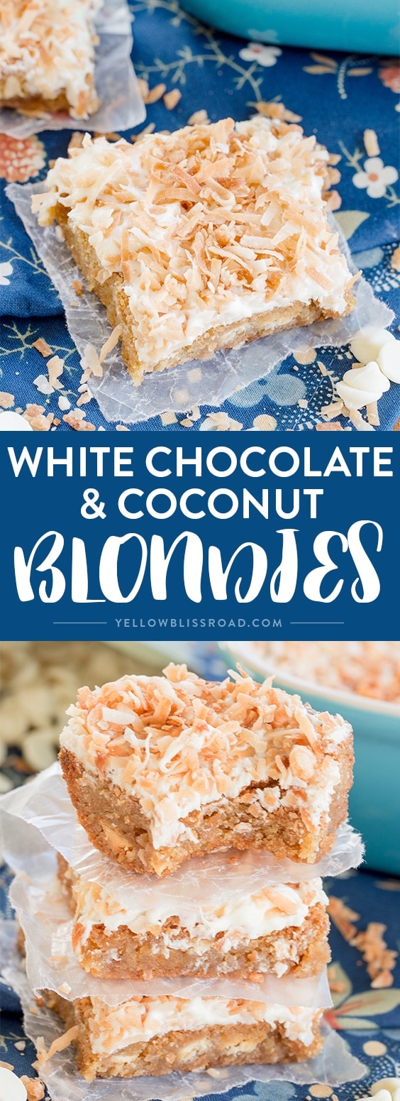 White Chocolate and Toasted Coconut Blondies are a delicious dessert!