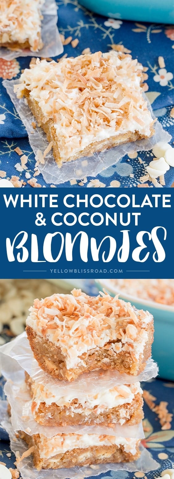 White Chocolate and Toasted Coconut Blondies are a delicious dessert!