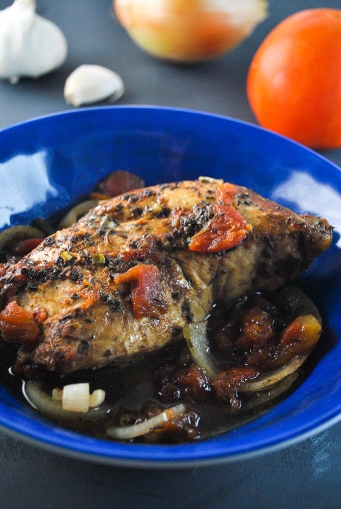 Chicken on a blue plate