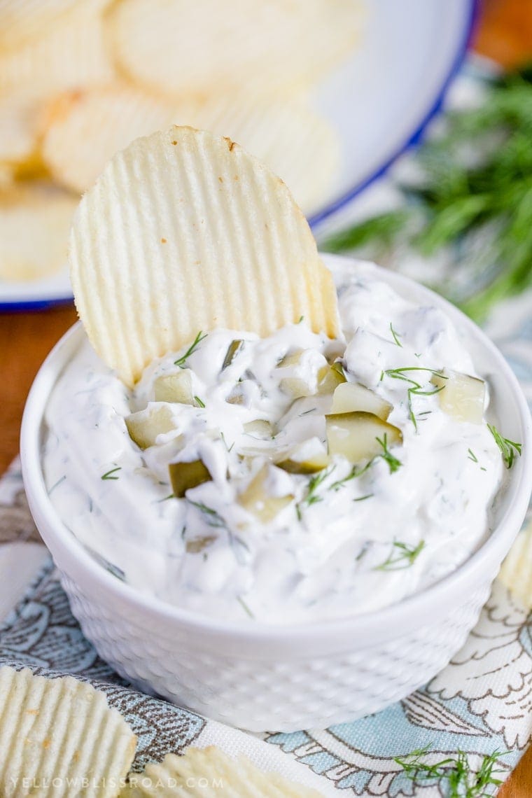A bowl of dill pickle dip
