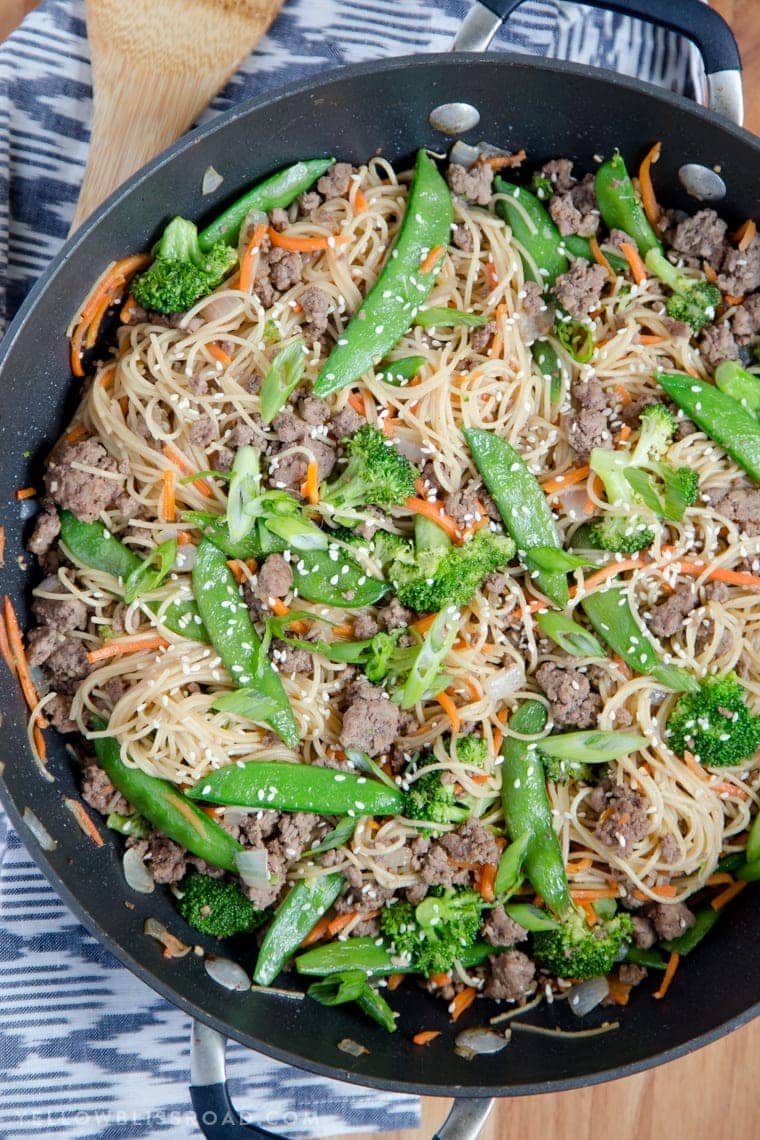 Ground Beef, Noodles and Vegetables in a stir fry skillet