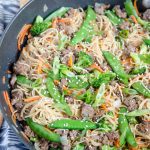 A pan filled with Beef and Noodle stir fry