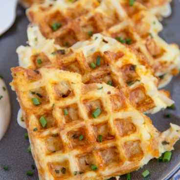 A close up of Egg Cheese Hash Brown Waffles