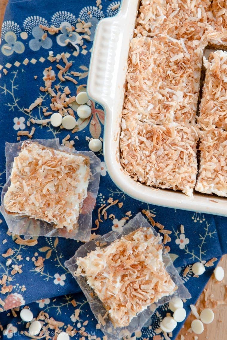 White Chocolate and Toasted Coconut Blondies are a delicious dessert!