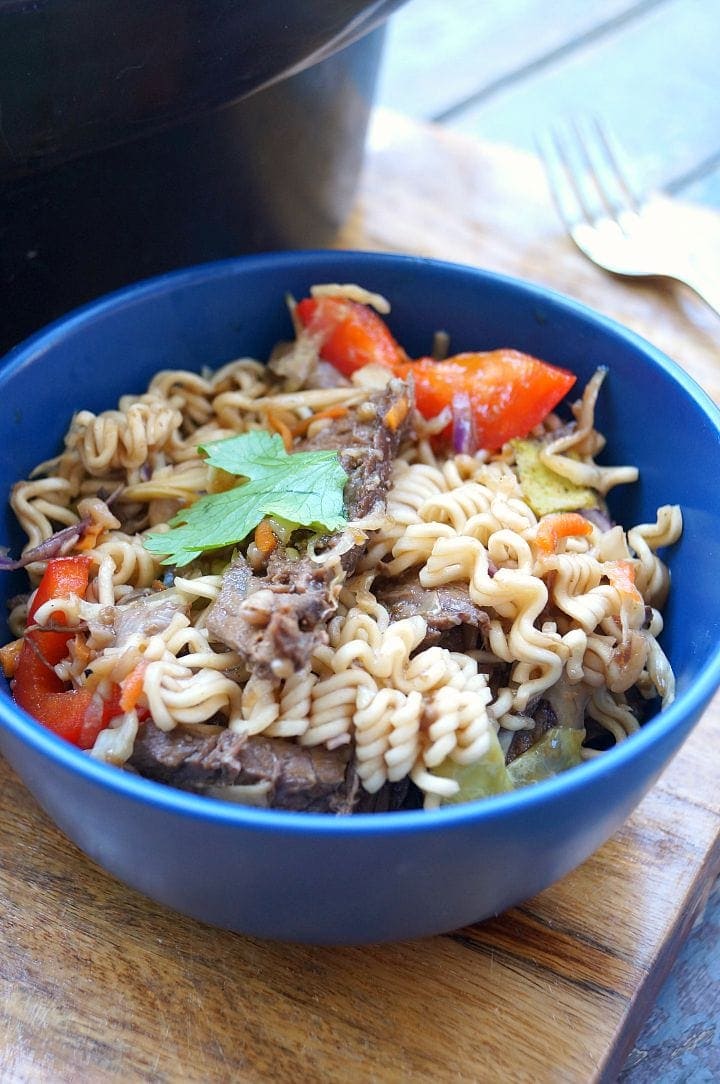 Ramen in a blue bowl