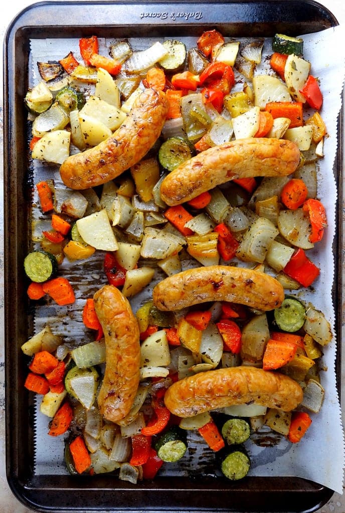One Pan Roasted Veggies & Chicken Sausage is an easy dinner idea. Get if from The Cheerful Kitchen!