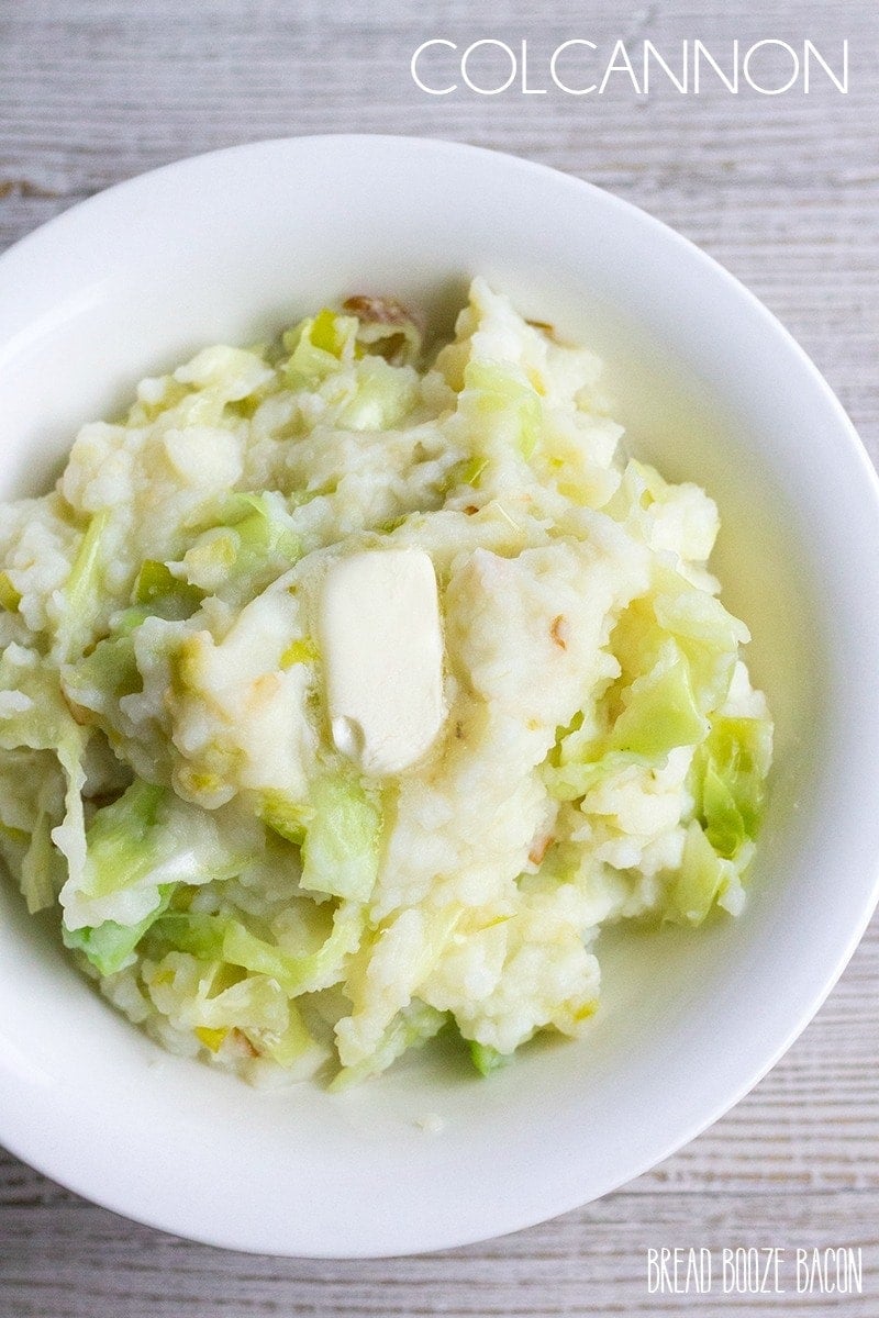 A large bowl of Colcannon with the recipe title written on it.